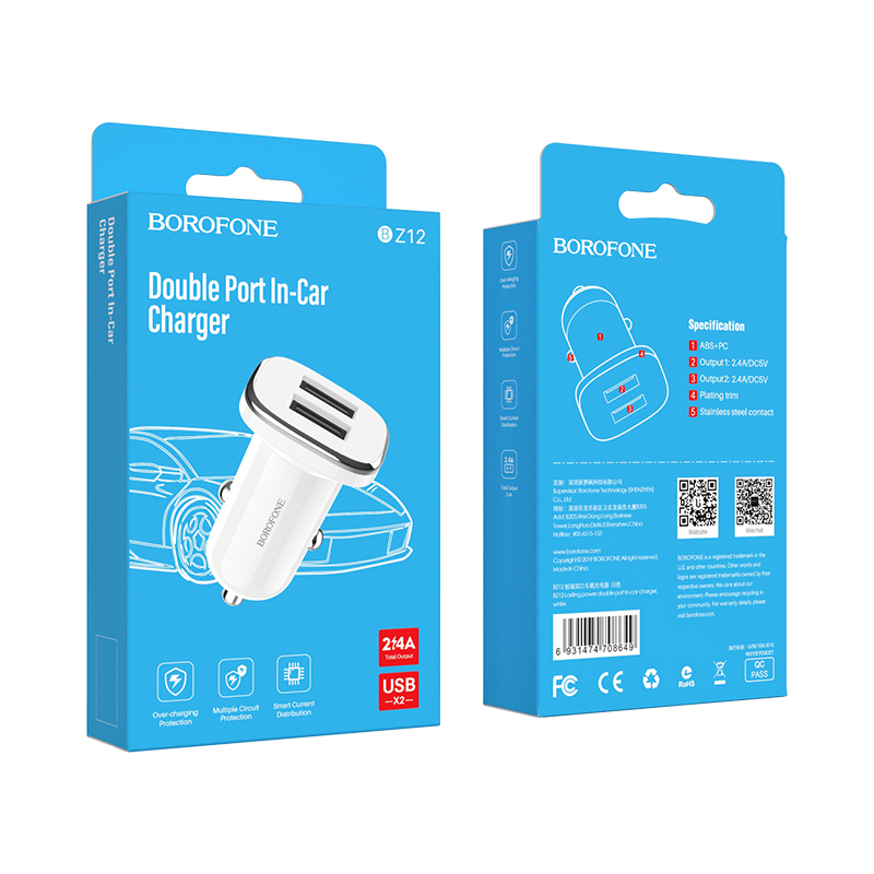 Încărcător auto Borofone - 2x USB 2,4A - Alb