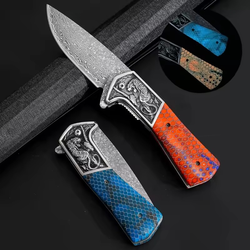 Cuțit pliabil outdoor din damasc CO-42105 DA3244 - Albastru / A 2-a calitate