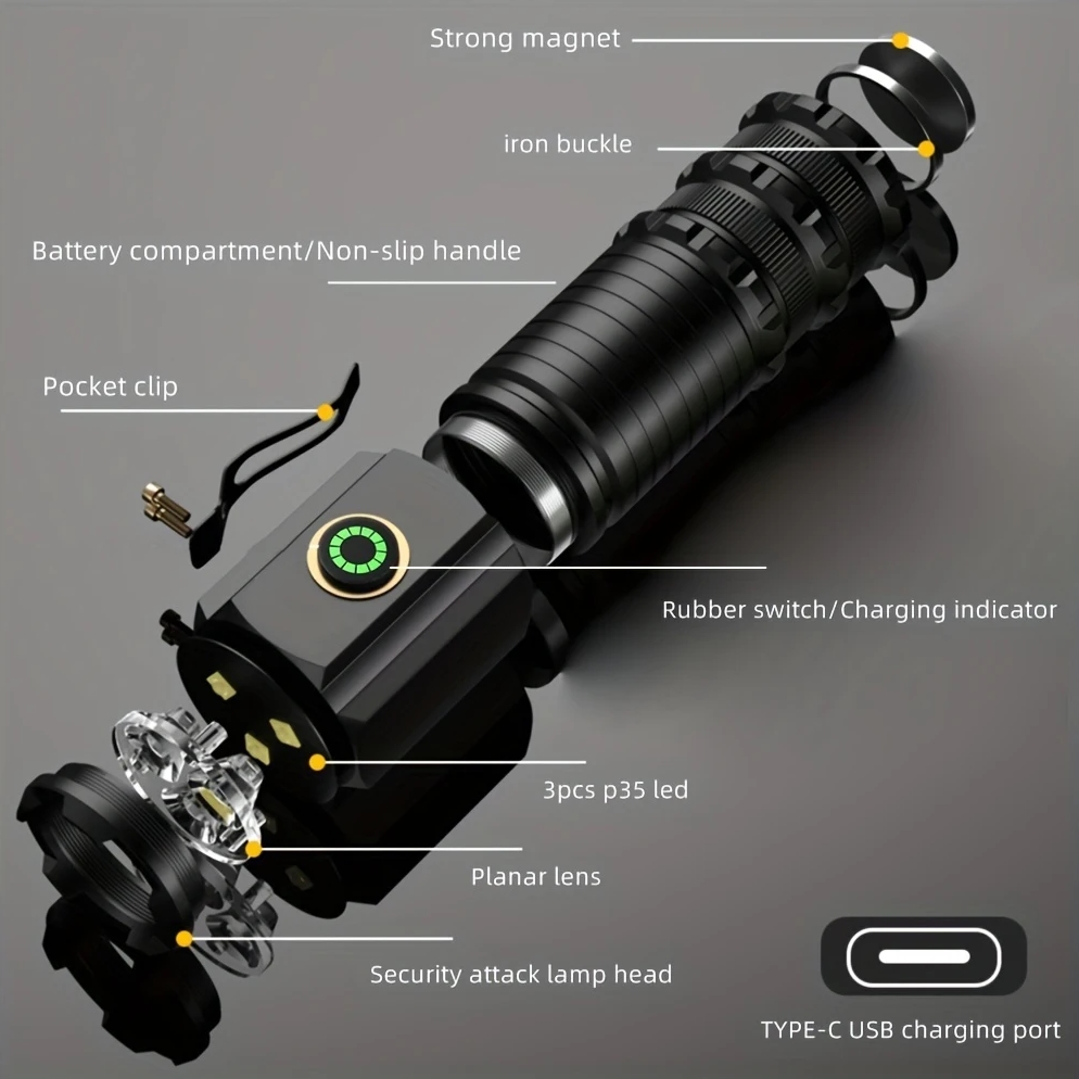 Lanternă LED tactică cu magnet - Neagră