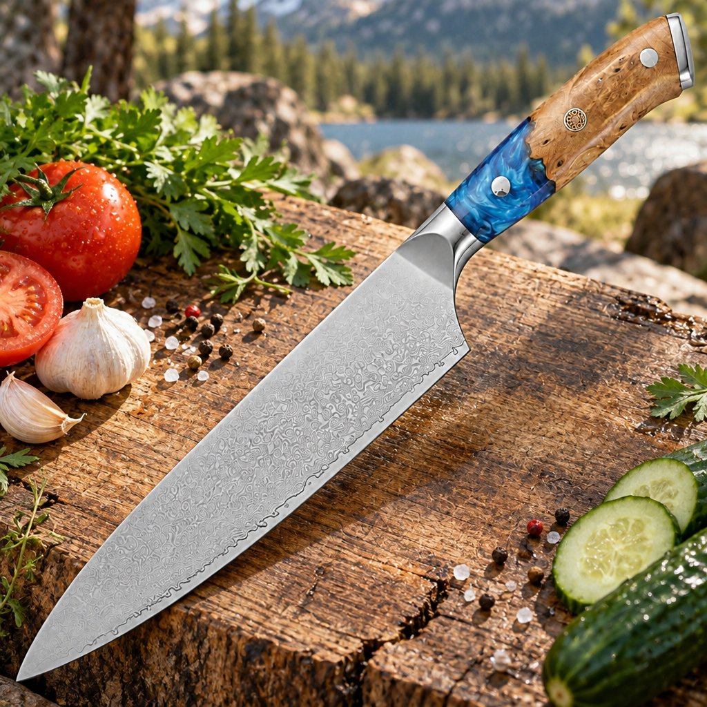 Cuțit de bucătărie din oțel damasc ZI-42076 - Chef / Albastru / Maro
